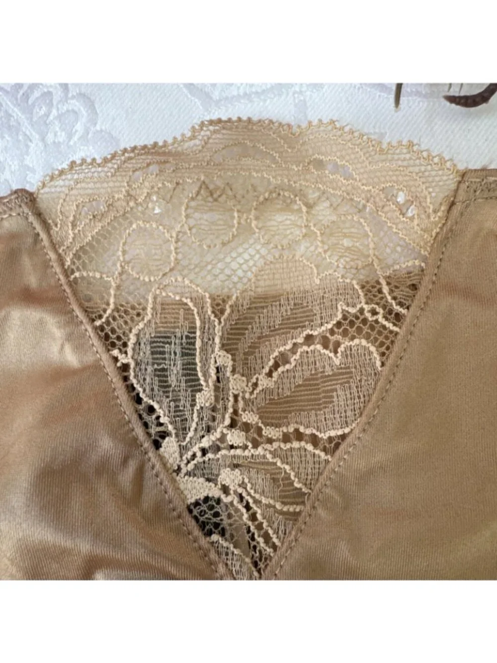 VICTORIA'S SECRET M DREAM ANGELS NUDE GOLD SILKY & LACE CHEEKY THONG PANTIES NWT